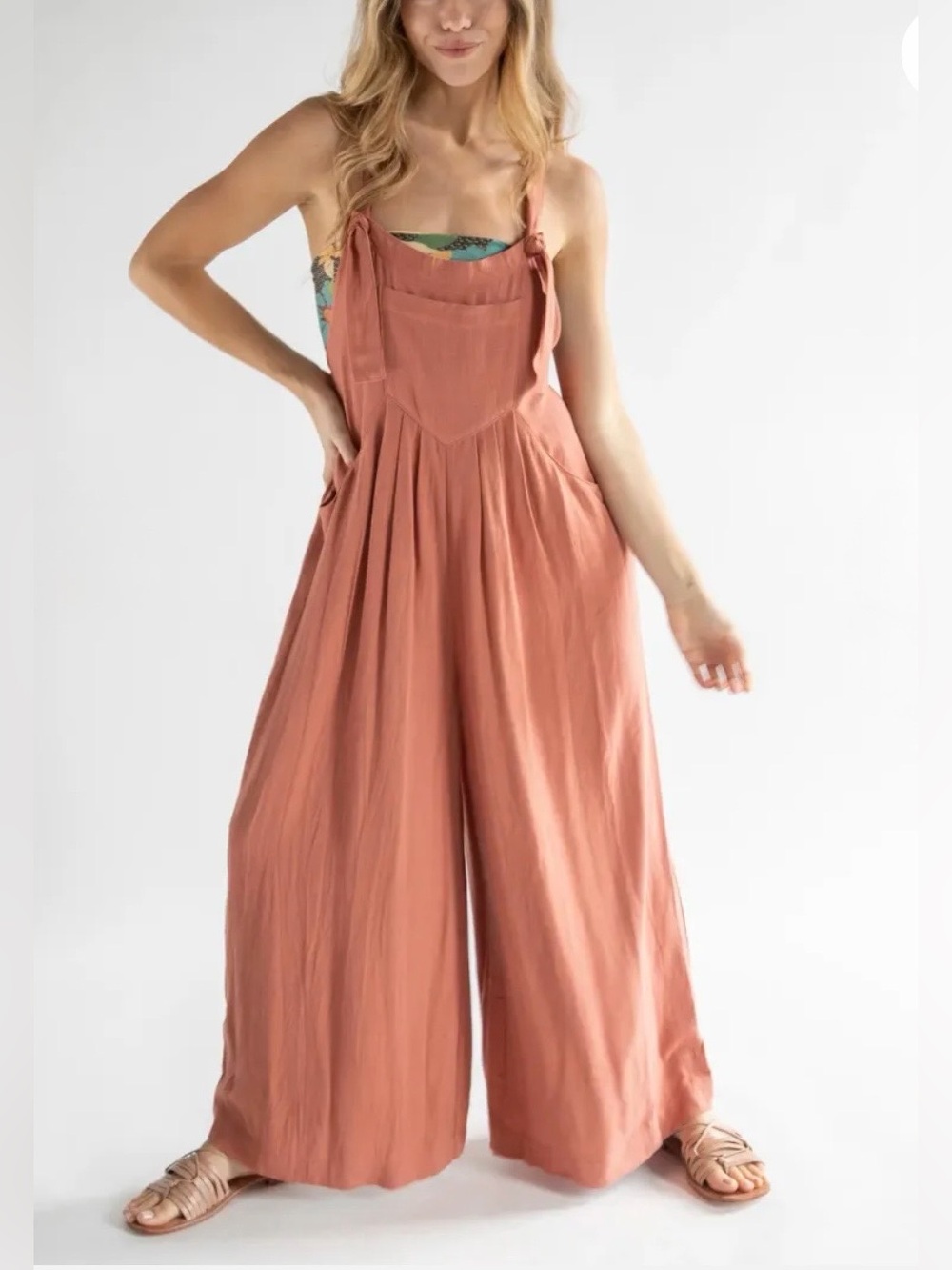 Natural Life Carrington Jumpsuit Rust Rayon Linen Wide Leg Boho Pockets 
Large